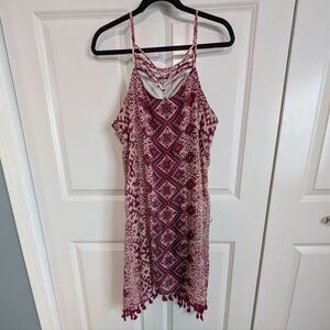 Maurices Burgundy and White Tassel Hem Patterned Mini Sun Dress